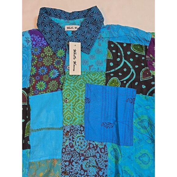 Turquoise Patchwork Unisex Boho Vintage Style Shirt button up front size L New - Picture 6 of 14